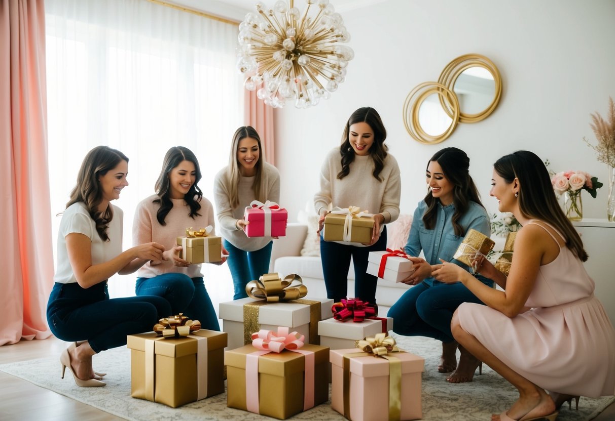 A group of friends setting up decorations and arranging gifts for a bridal shower