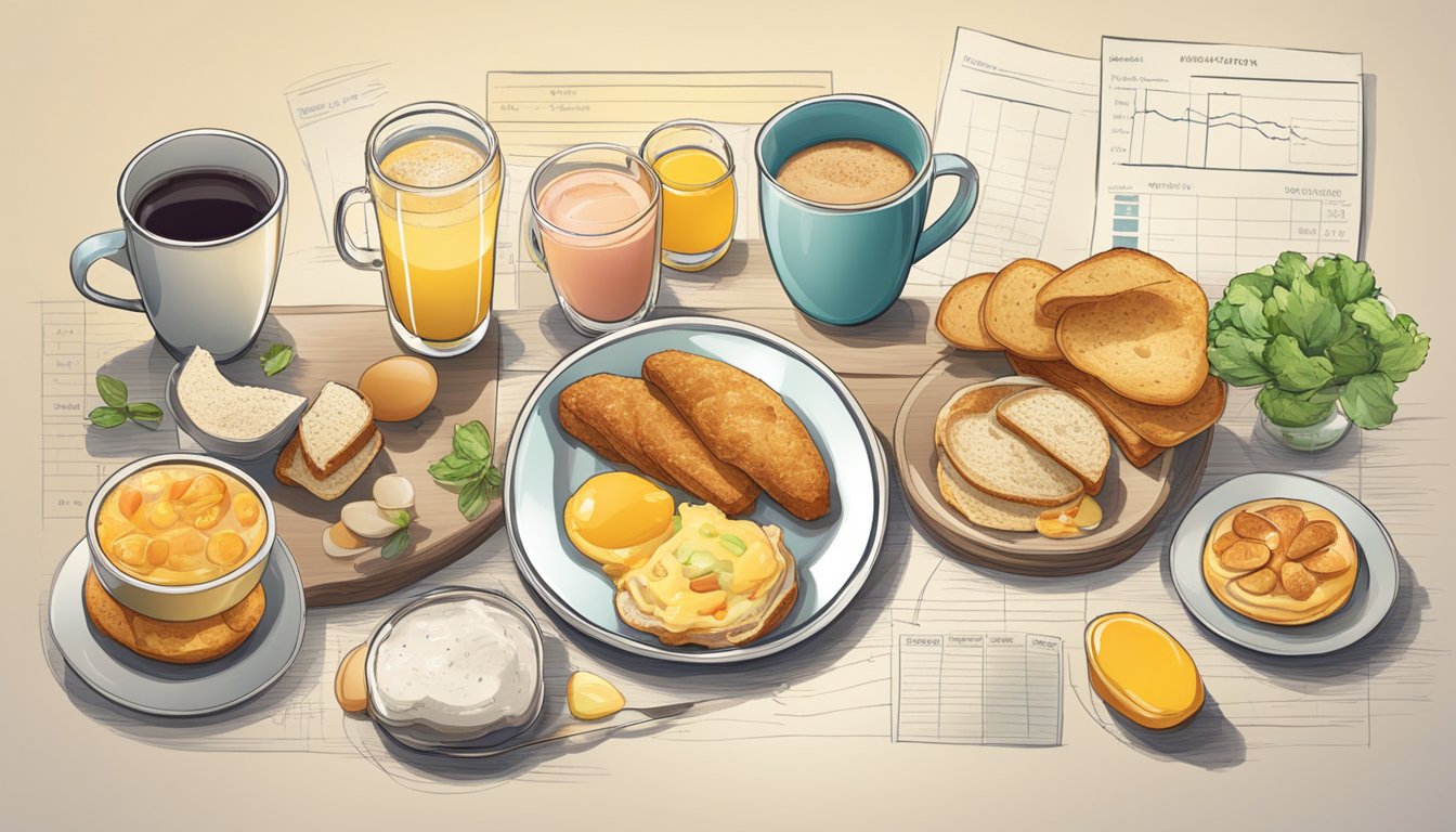 A table with breakfast items and pricing charts, showing changes over time