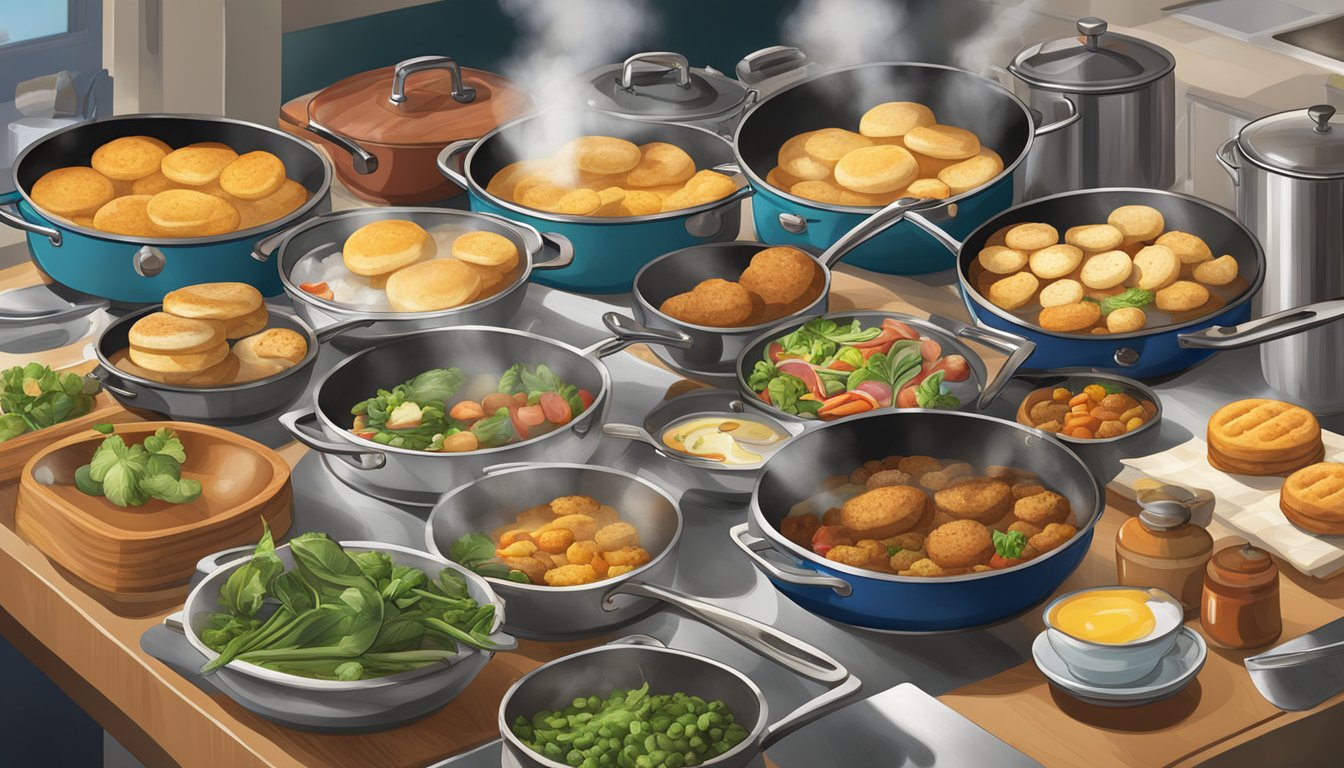 A bustling Southern kitchen with sizzling skillets, steam rising from biscuits, and a colorful array of fresh ingredients ready for breakfast dishes