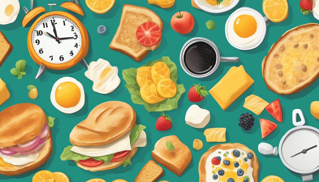 A colorful collage of breakfast food items, with a clock showing all-day hours, surrounded by fluctuating price tags