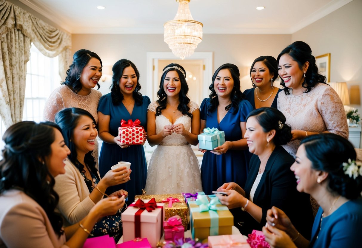 A group of women gather in a decorated room, sharing laughter and gifts. The bride is the center of attention, surrounded by love and support
