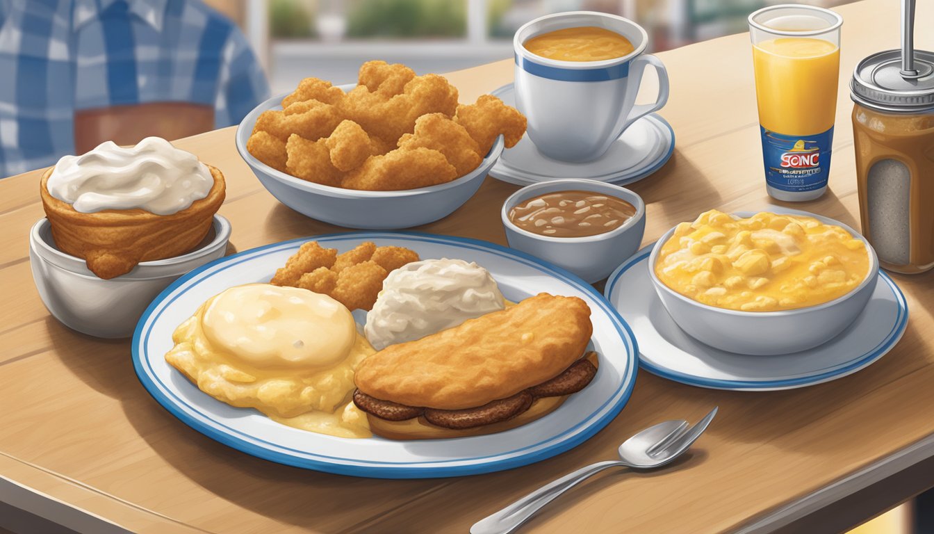 A table set with a variety of Southern-inspired breakfast items, such as biscuits, gravy, chicken, and grits, alongside Sonic's menu