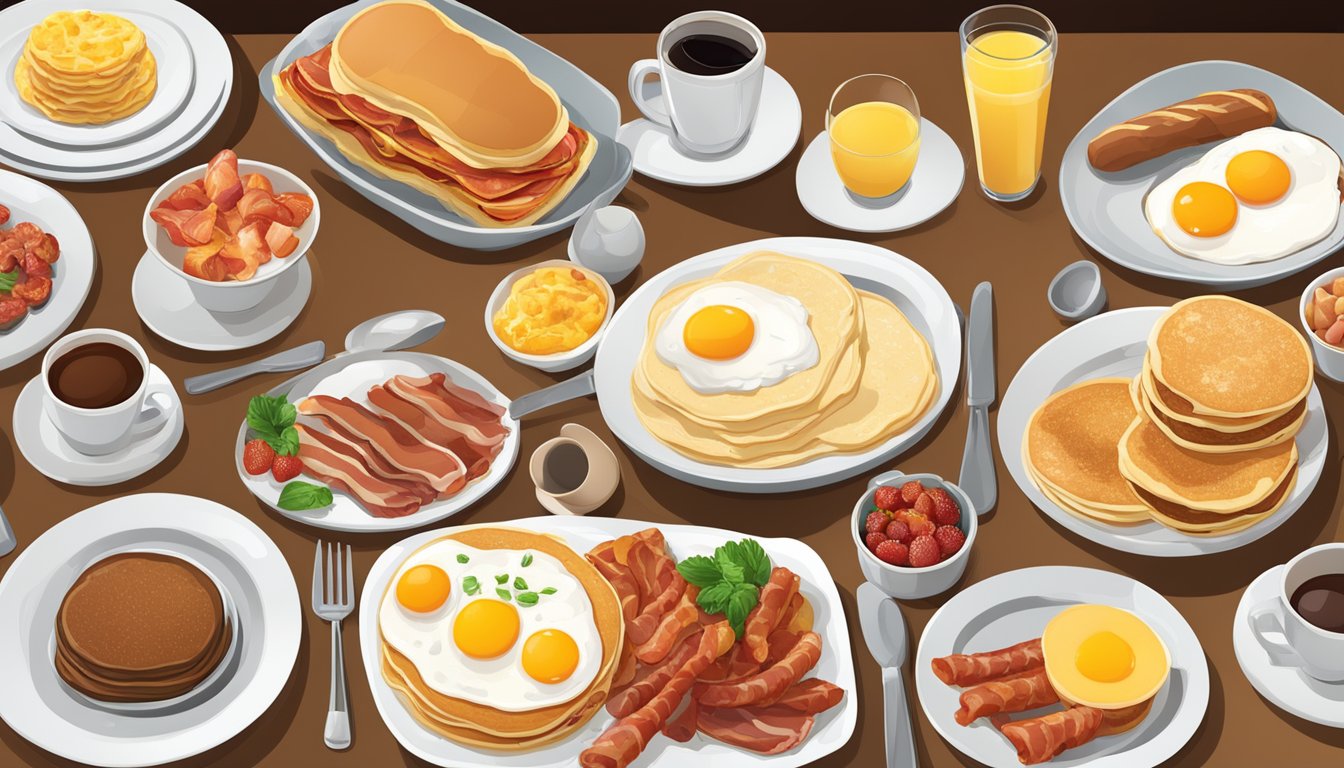 A table with a variety of breakfast items, including pancakes, eggs, bacon, and sausage, all served in oversized portions