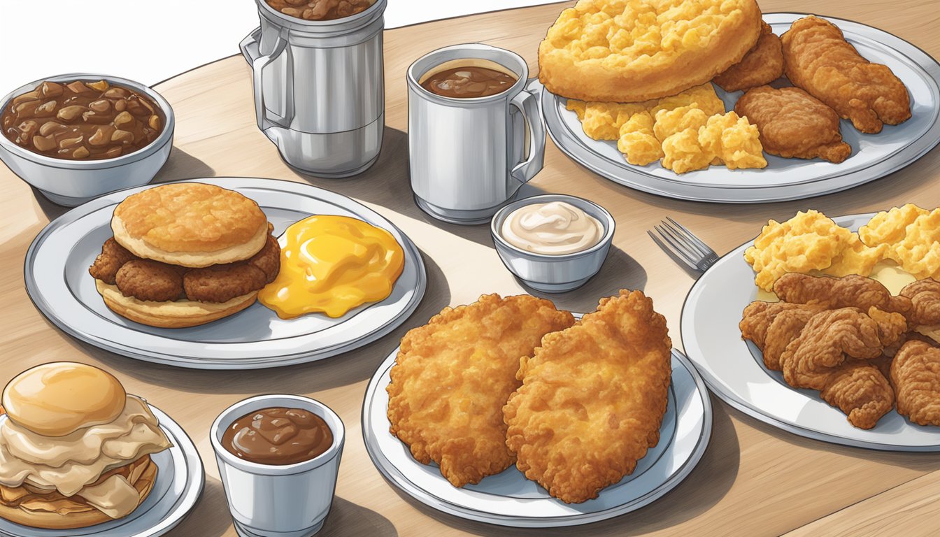 A spread of classic Southern breakfast items, such as biscuits, gravy, and fried chicken, alongside Sonic's signature breakfast items