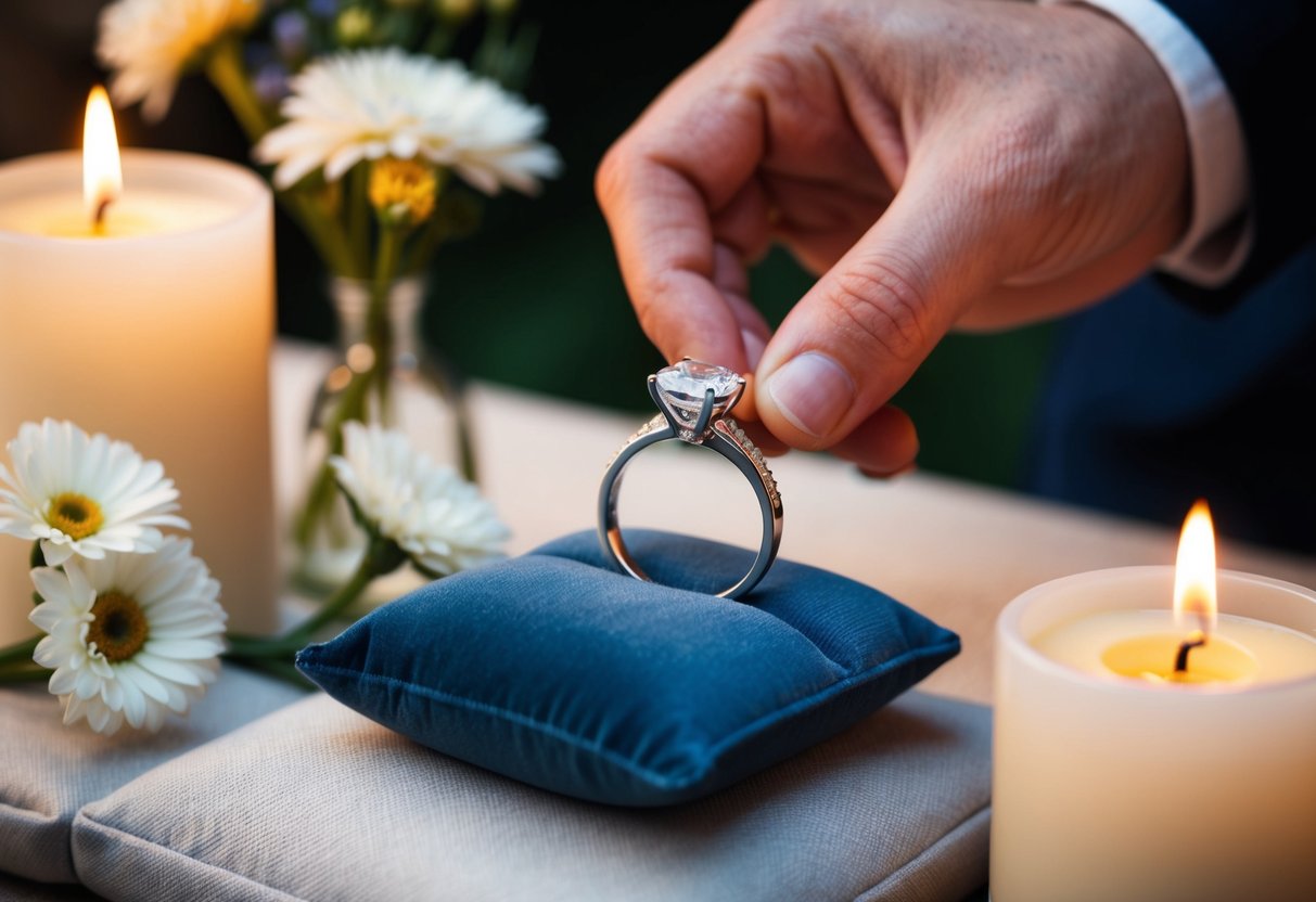 A ring being placed on a cushioned surface, surrounded by flowers and candles