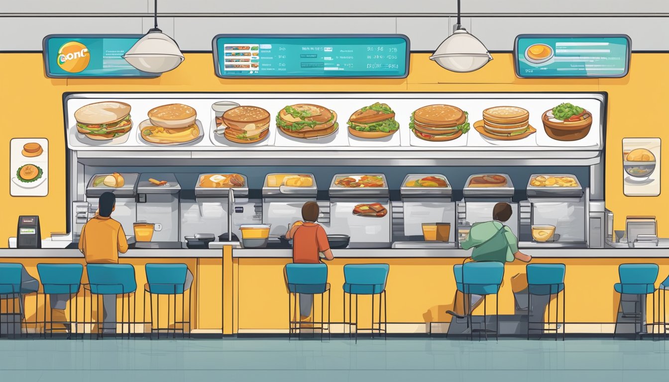 A bustling breakfast restaurant with a modern, high-tech ordering system and a display of evolving Sonic breakfast prices over the years