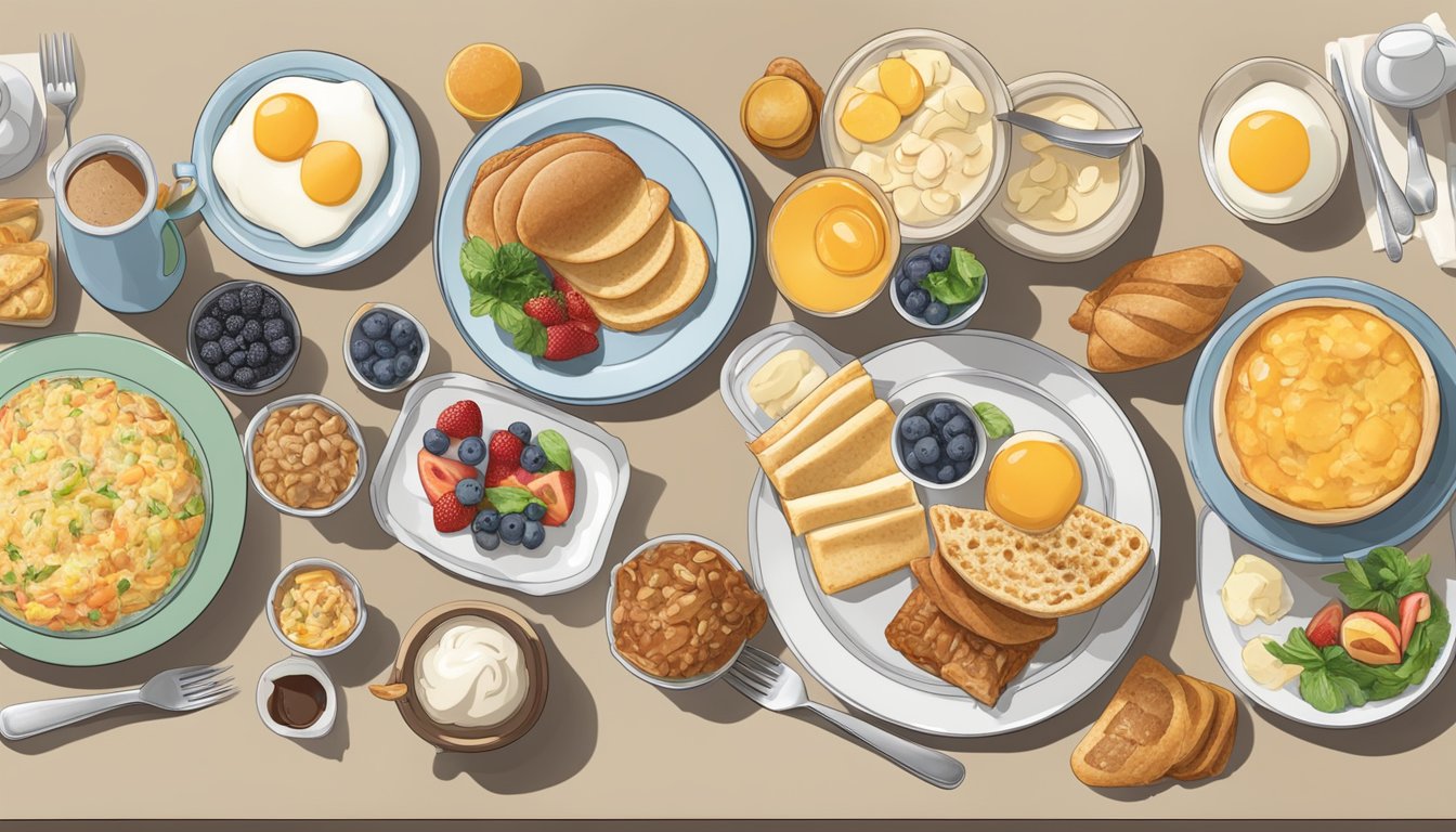 A table with various breakfast items spread out, including oversized portions next to regular-sized portions, with nutritional information displayed