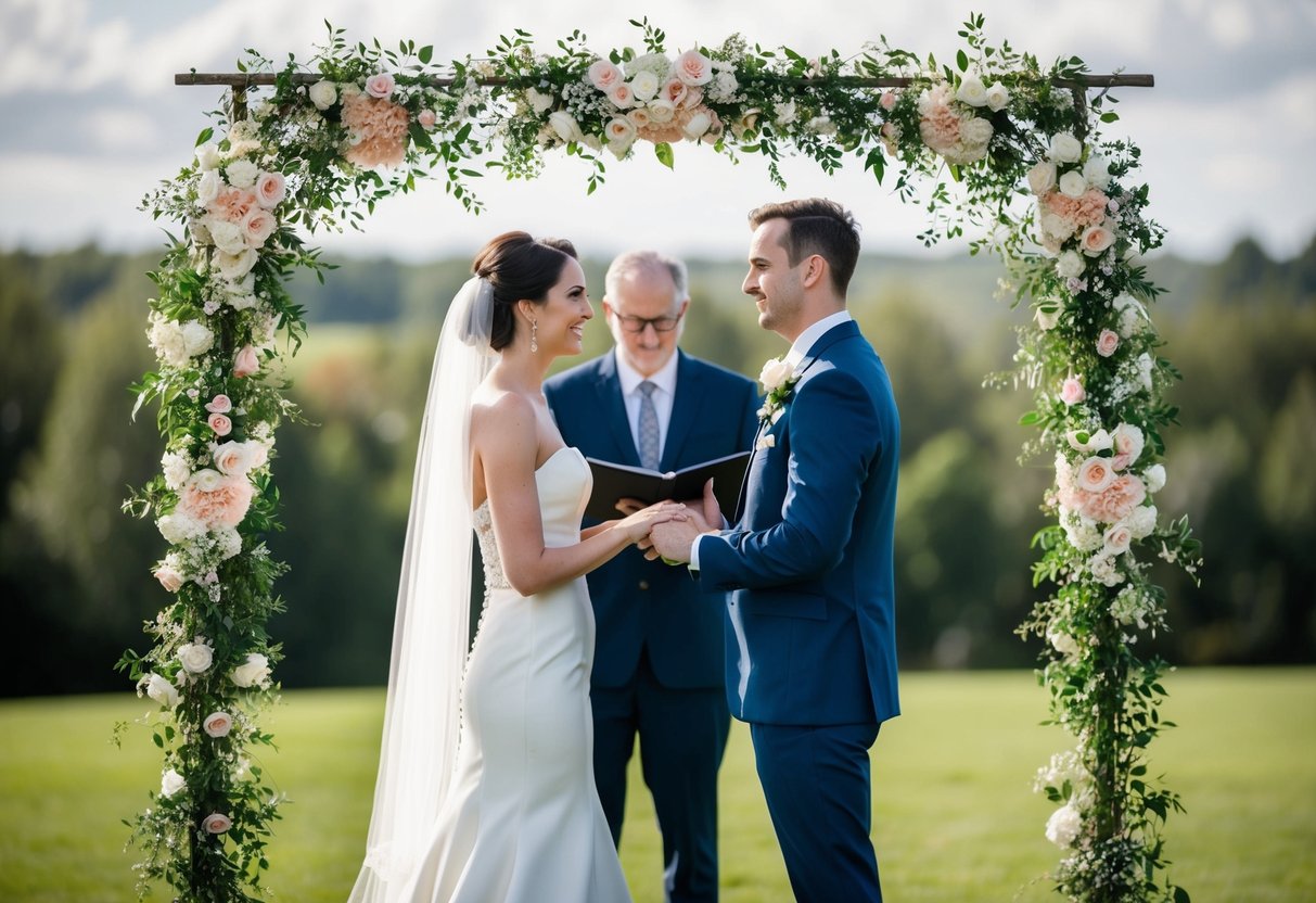A bride and groom stand facing each other under a floral arch, exchanging vows. The groom says "I do" first, followed by the bride
