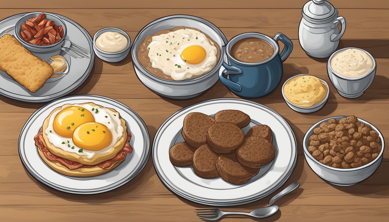 A table set with biscuits, gravy, and grits, surrounded by iconic Southern ingredients like bacon, sausage, and eggs