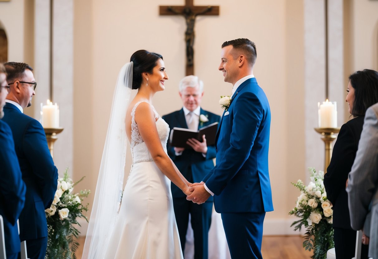 A bride and groom stand facing each other, holding hands, as they exchange vows at the altar