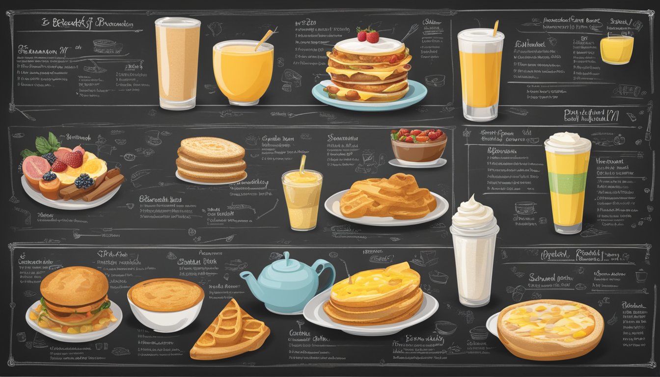 A timeline of breakfast menu items and prices displayed on a chalkboard, surrounded by images of breakfast foods and beverages