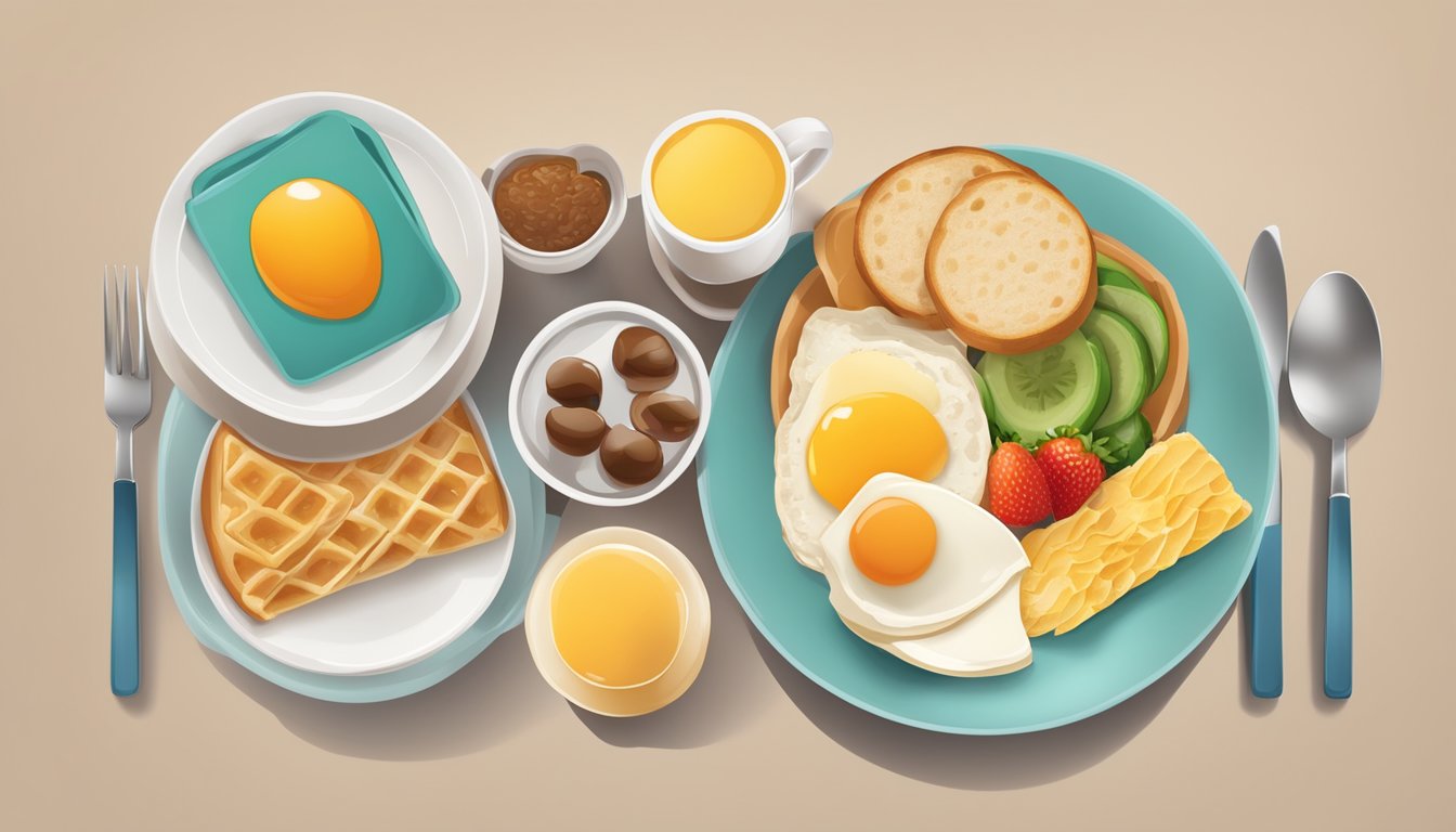 A table with various breakfast items in different portion sizes, surrounded by customizable options and dietary flexibility icons