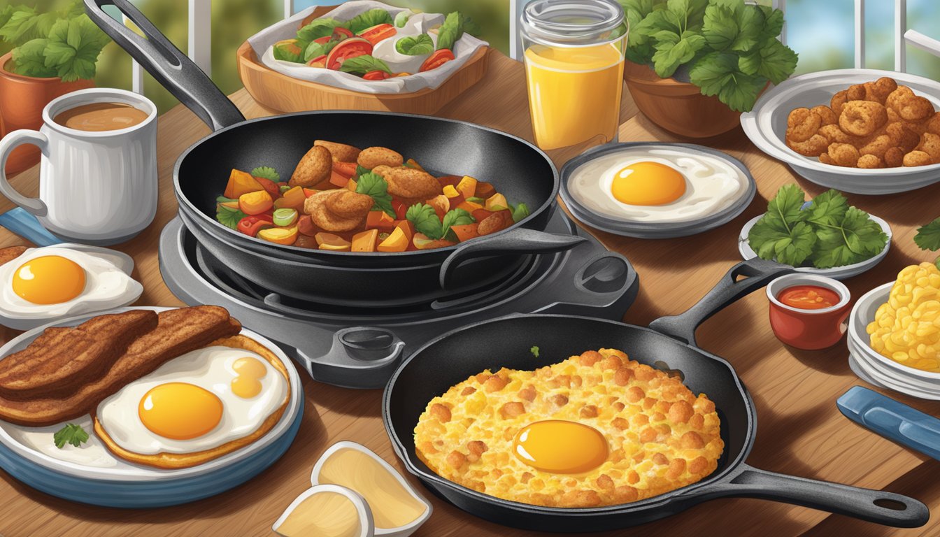 A sizzling skillet of southern-inspired breakfast items, surrounded by the vibrant colors and aromas of traditional southern cuisine