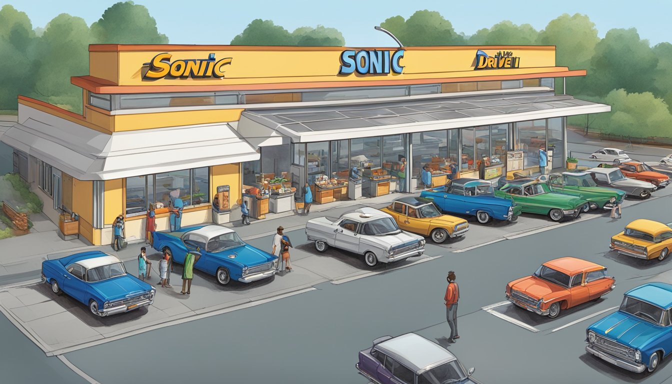 A bustling Sonic Drive-In with a row of parked cars and a server delivering trays of breakfast items to waiting customers