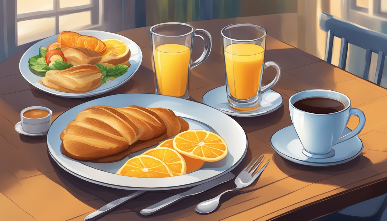 A table set with a variety of breakfast items, including a steaming cup of coffee and a cold glass of orange juice, alongside a plate of food