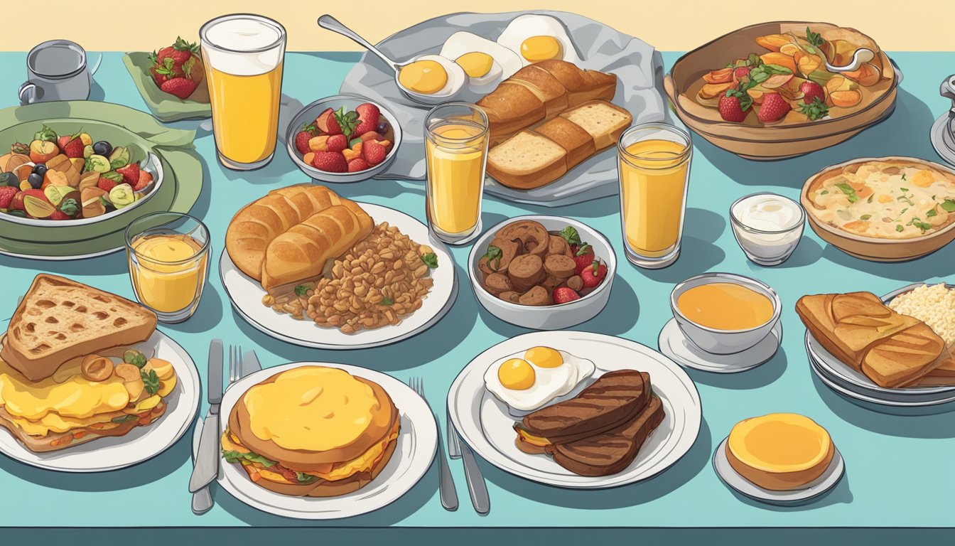 A table with a variety of breakfast items laid out, including oversized portions of food next to regular-sized portions