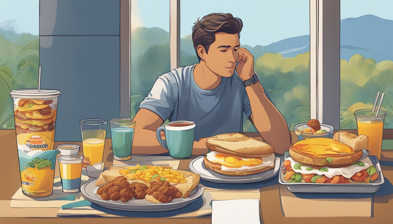 A table with a spread of Sonic breakfast items, including oversized portions next to regular-sized portions, with a customer looking contemplative