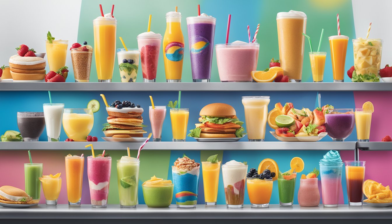 A colorful array of breakfast drinks and smoothies arranged on a sleek, modern menu board, showcasing the evolution of Sonic's menu offerings