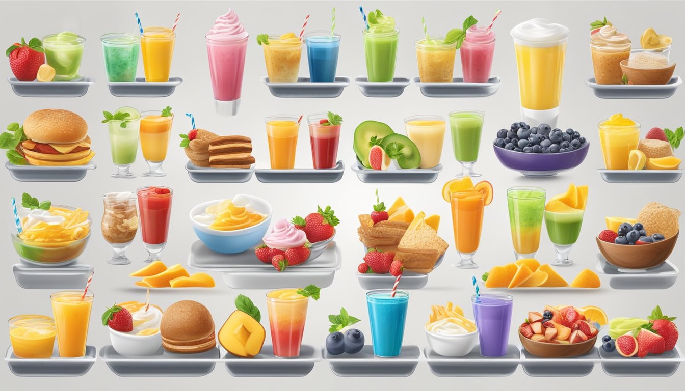 A colorful array of Sonic breakfast drinks with nutritional labels, surrounded by fresh fruits and ingredients, on a modern menu board