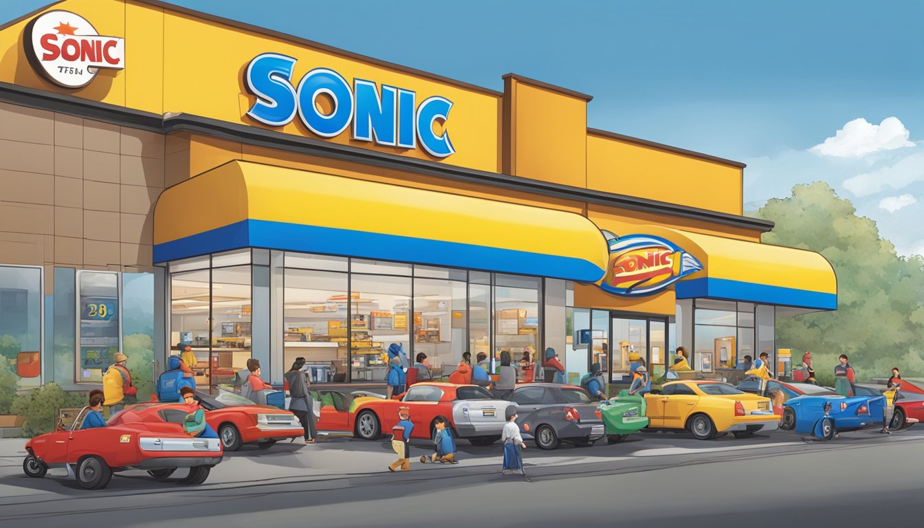 A bustling Sonic drive-thru with cars lined up, customers receiving breakfast bags from smiling employees, and the iconic Sonic logo displayed prominently