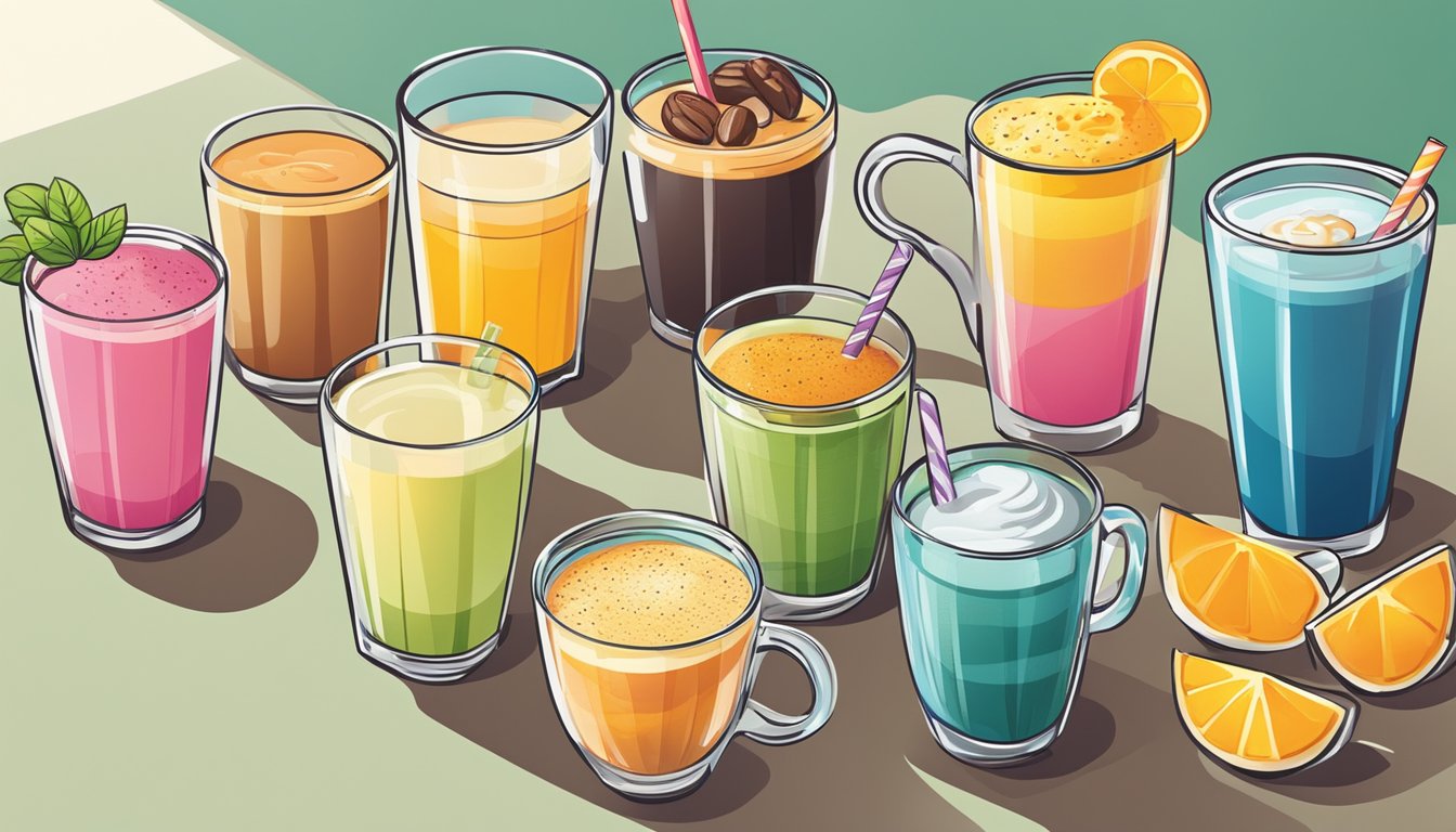 A colorful array of breakfast drinks, from smoothies to coffee, displayed on a modern counter