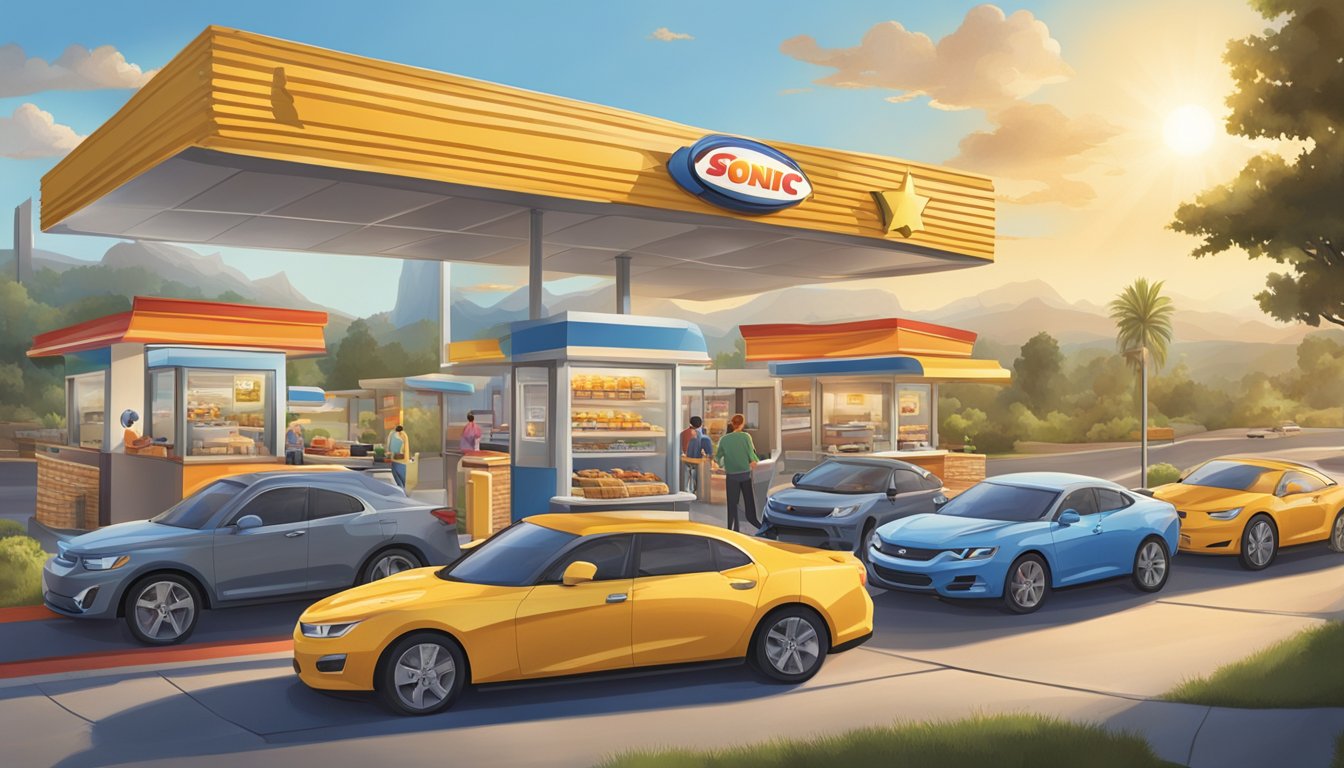 A busy morning scene at Sonic drive-thru with a variety of breakfast items displayed on the menu board. Cars waiting in line with the sun rising in the background