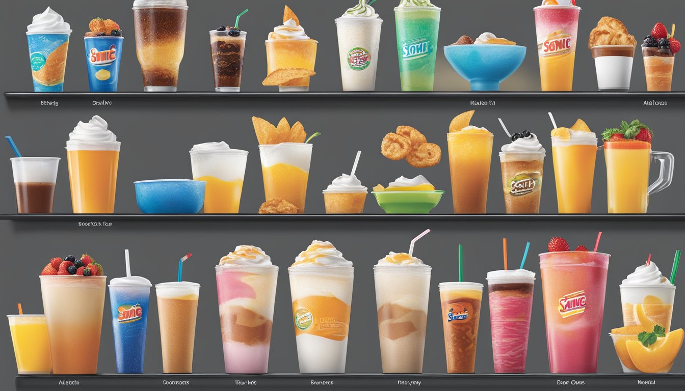 A colorful array of breakfast beverages and customizable options displayed on a sleek, modern menu board at Sonic drive-in