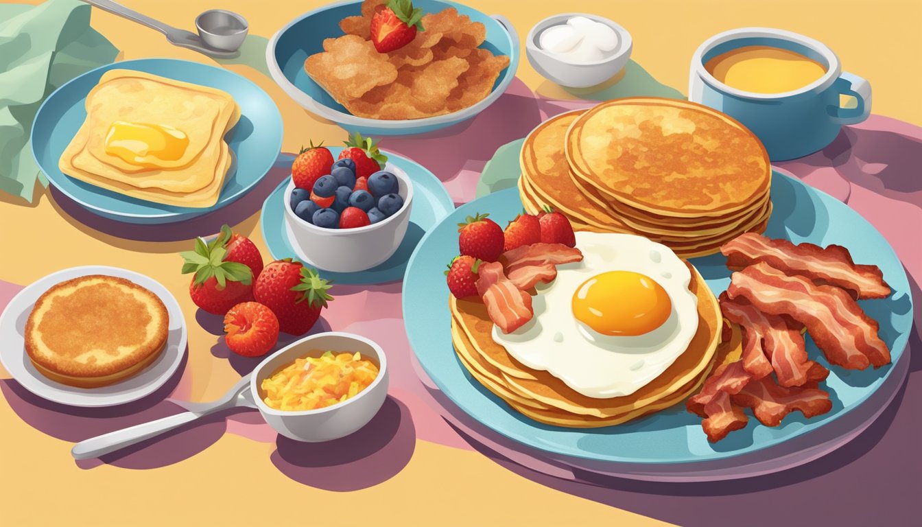 A colorful array of fresh fruit, crispy bacon, golden hash browns, and fluffy pancakes arranged around a steaming plate of eggs and toast