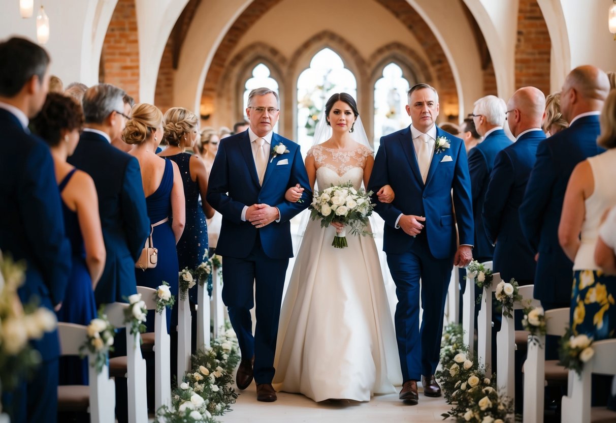 A procession of figures moves down the aisle in a solemn and orderly manner