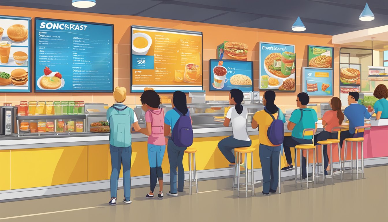 A bustling breakfast cafe with a colorful menu board showcasing a variety of Sonic's new breakfast drinks. Customers line up at the counter