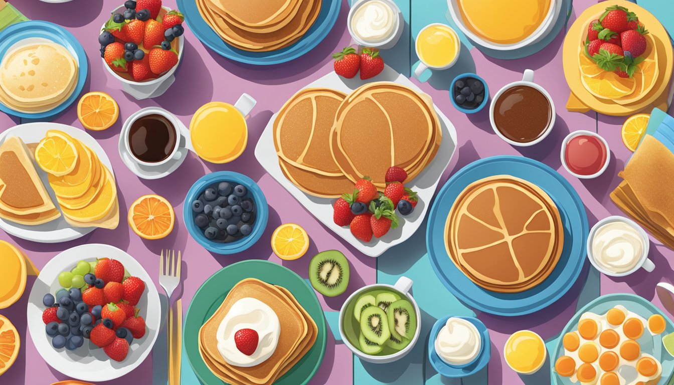 A colorful array of breakfast side items, including pancakes, fruit, and specialty toppings displayed on a table with a bright and inviting backdrop