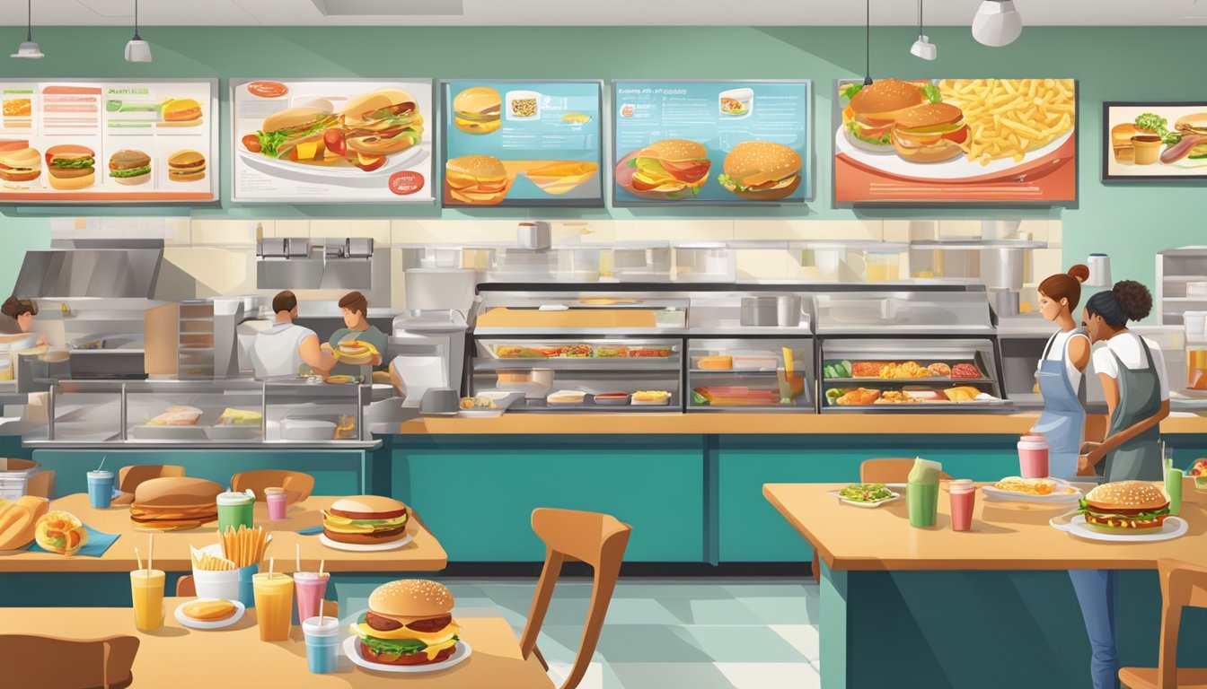 A bustling fast-food restaurant with a colorful menu board and a variety of breakfast items being prepared and customized by customers