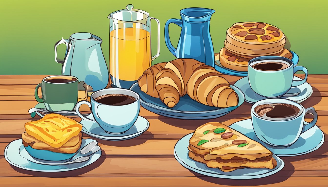 A colorful array of breakfast side items, including coffee, juice, and pastries, arranged on a table with a vibrant background