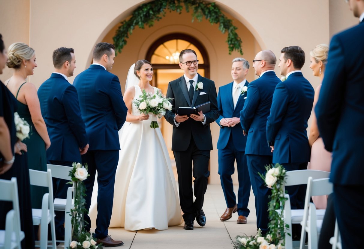 The officiant leads the wedding rehearsal, guiding the participants through the ceremony steps and positioning. The couple and wedding party practice their entrances and exits