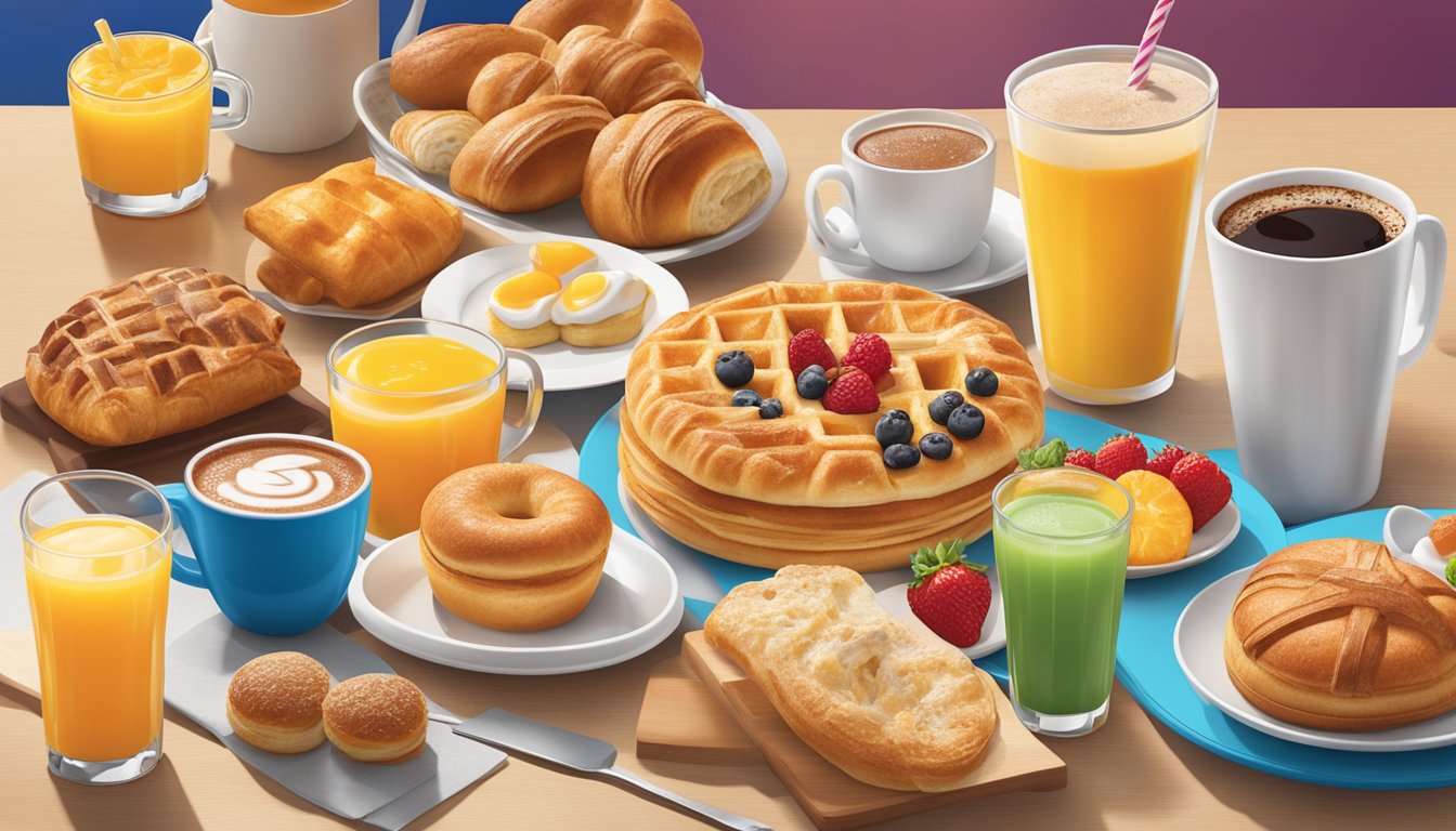 A colorful array of breakfast items, including coffee, juice, and pastries, arranged around Sonic's logo