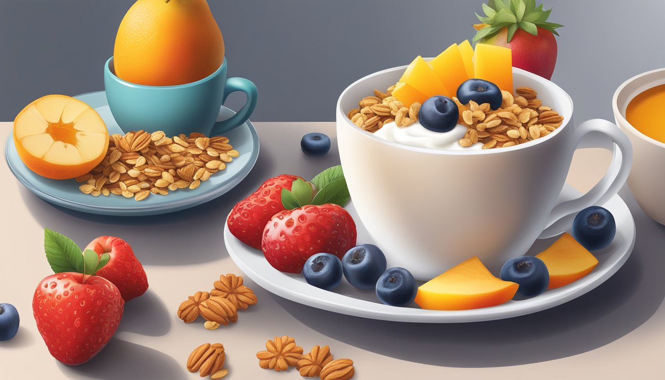 A colorful array of fresh fruits, yogurt, and granola arranged on a table next to a steaming cup of coffee