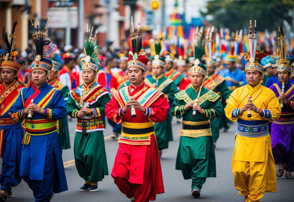 A colorful array of traditional costumes and instruments moves in a vibrant procession, reflecting cultural diversity and hierarchy
