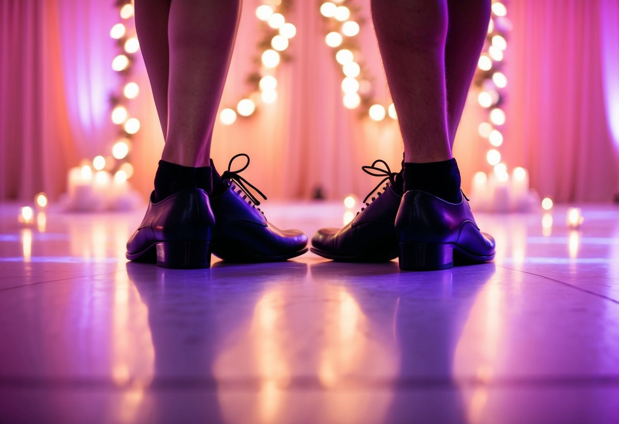 A couple's shoes sit side by side on a dance floor, surrounded by romantic decorations
