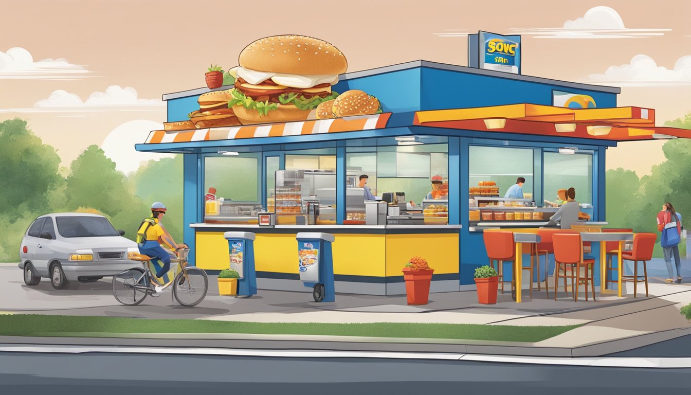 A bustling Sonic drive-in with a colorful array of breakfast side items displayed on the counter. Customers and staff move about in the background