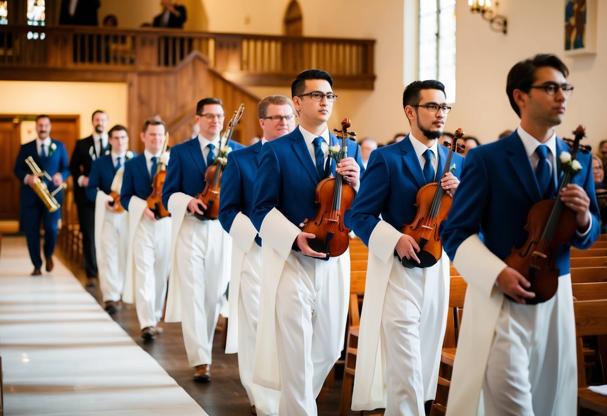 A line of musicians walks down the aisle in a ceremonial procession, each carrying their respective instruments