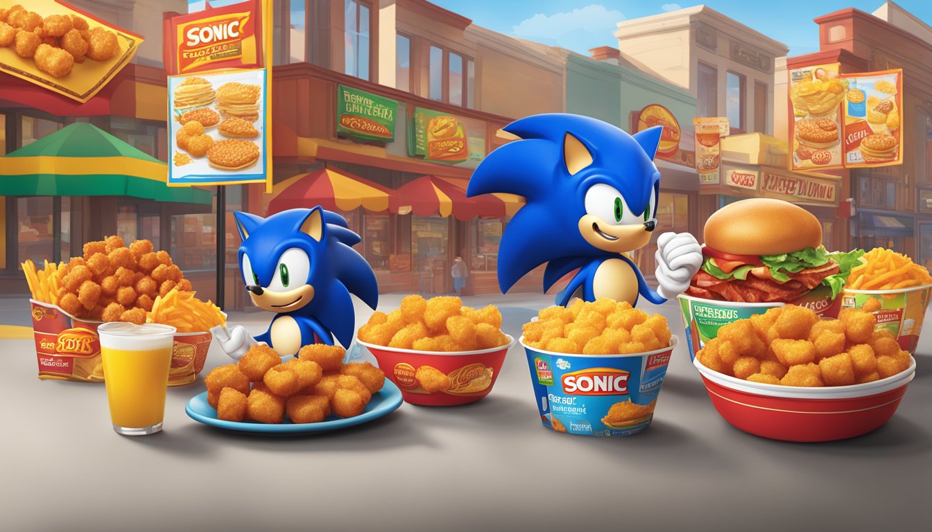 A vibrant display of Sonic's breakfast side items, featuring crispy tater tots, golden hash browns, and sizzling bacon, surrounded by colorful promotional banners and signs