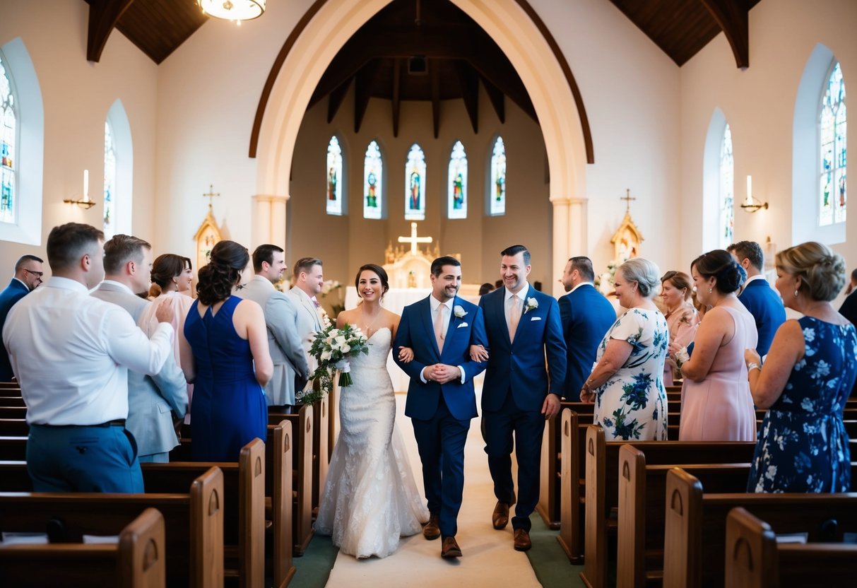 A group of people gather in a church, practicing walking down the aisle and standing at the altar. The wedding planner gives instructions and the couple runs through their vows