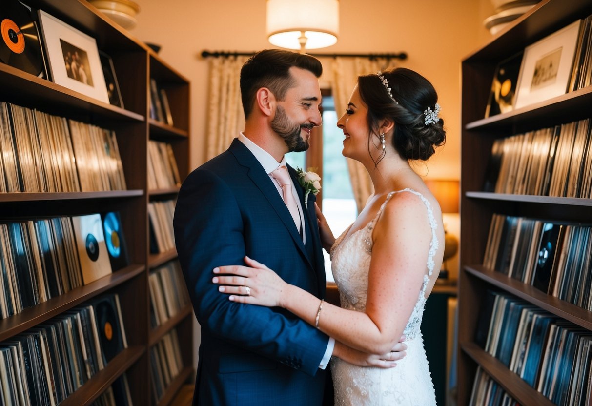 A couple surrounded by shelves of vinyl records, pondering their first dance song. The room is cozy, with warm lighting and a vintage feel
