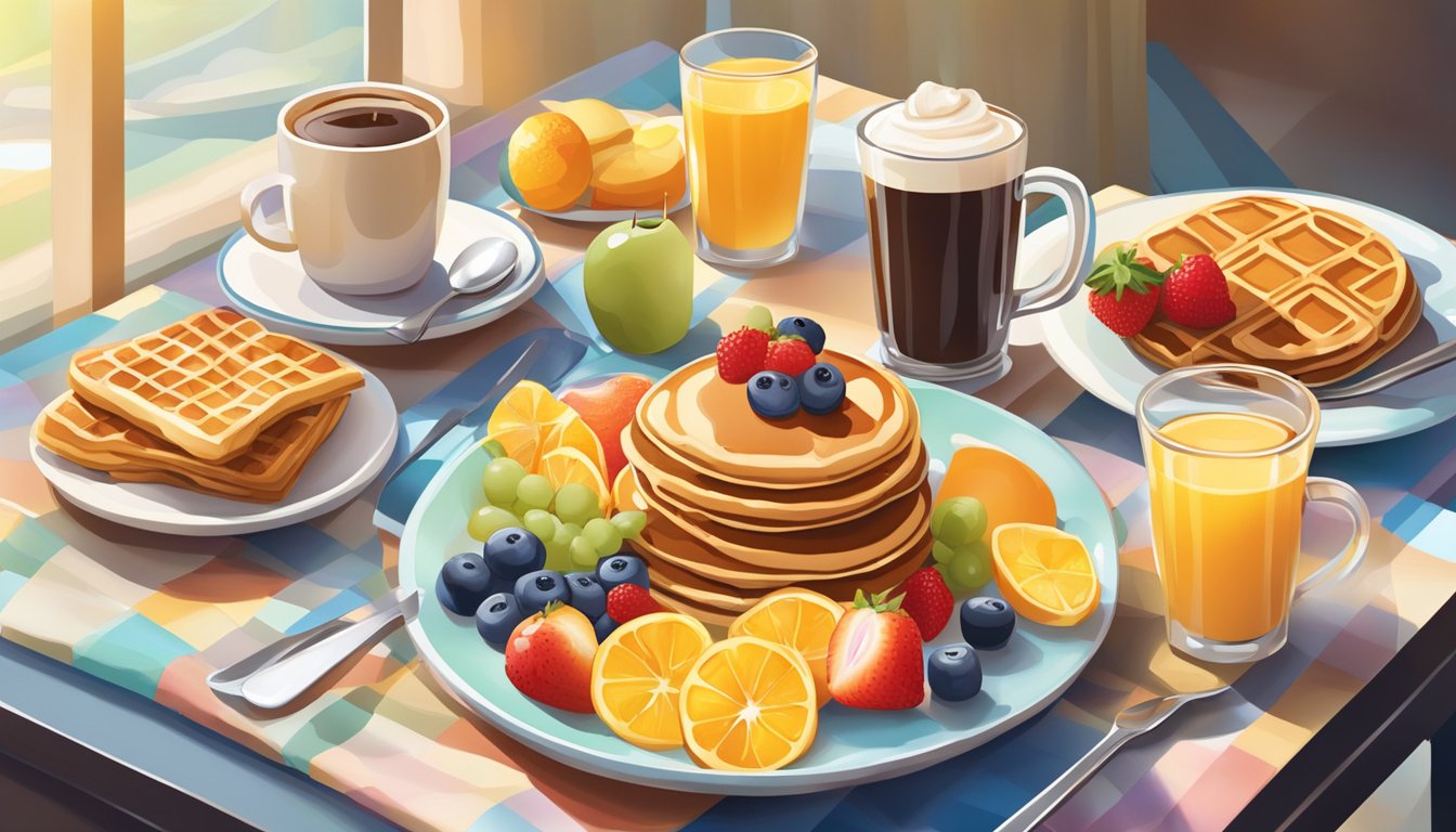 A table set with a colorful array of breakfast items, including pancakes, waffles, fruit, and coffee, bathed in soft morning light