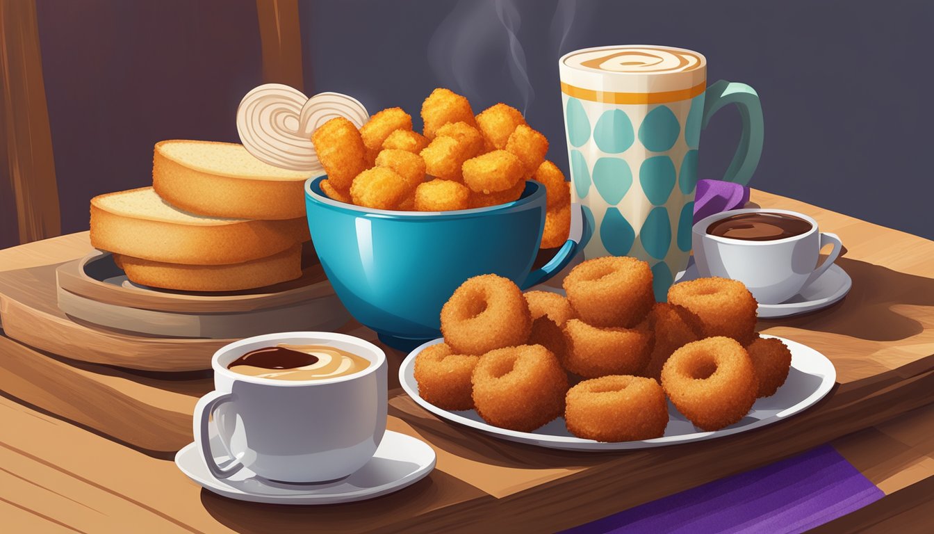 A colorful array of breakfast side items, including tater tots, onion rings, and toast, is arranged on a vibrant tray next to a steaming cup of coffee