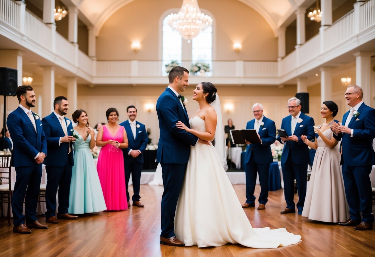 A couple stands in a ballroom surrounded by wedding traditions. Music professionals debate over the perfect first dance song