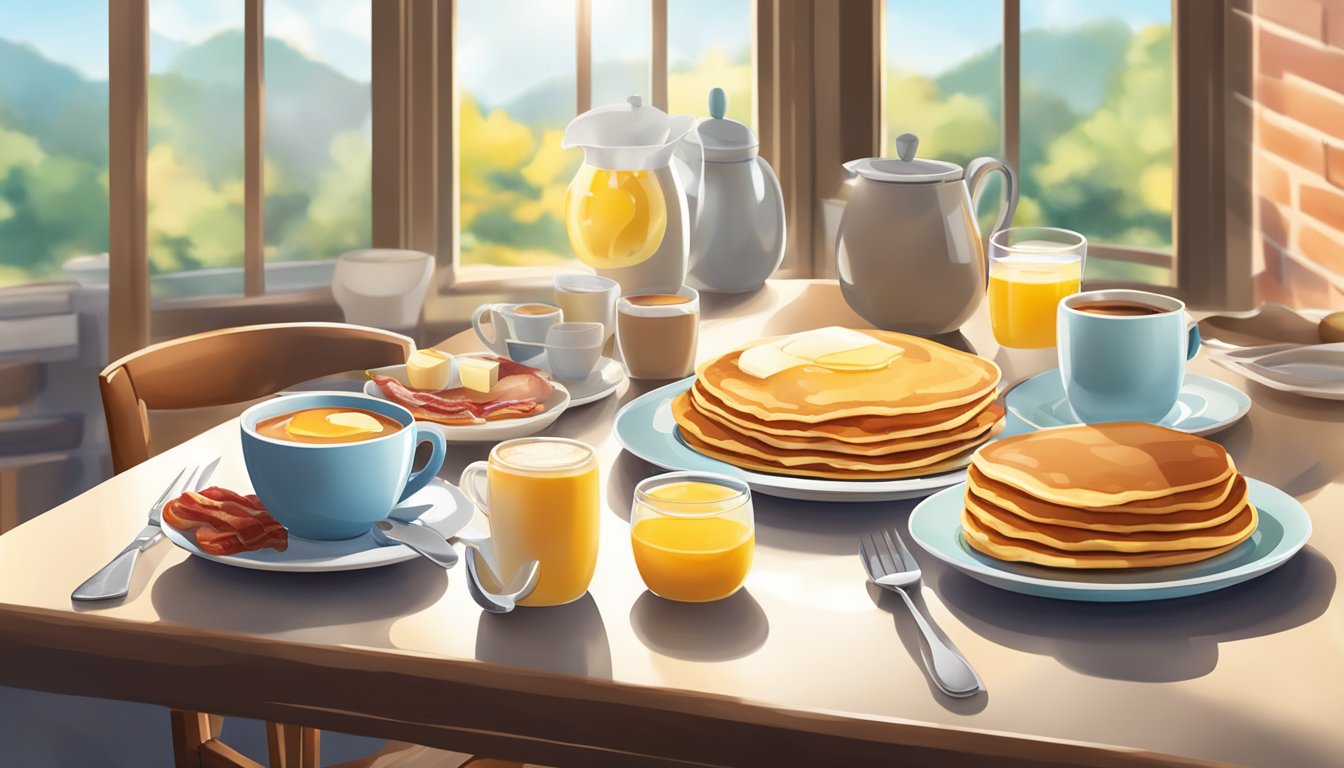 A table set with a variety of breakfast items, including pancakes, eggs, bacon, and coffee, with bright natural light streaming in through a nearby window