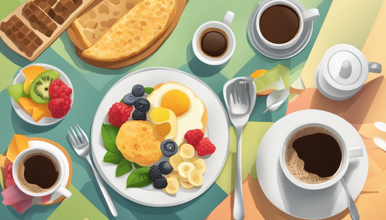 A colorful breakfast spread with various food items and a cup of coffee on a table, with a focus on the nutritional information and health considerations