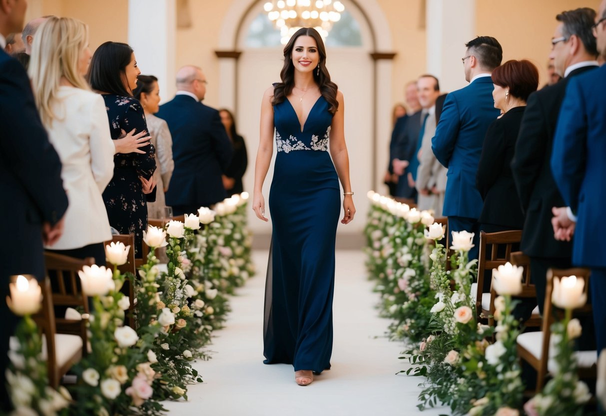 A woman walks down a flower-lined aisle