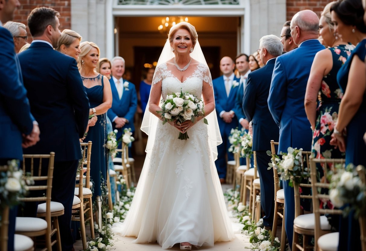 The groom's mother walks down the aisle, radiating grace and elegance, as all eyes turn to her with admiration and respect